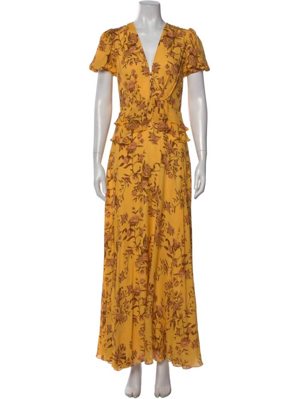 Johanna Ortiz Yellow Floral Silk V-Neck Maxi Dress